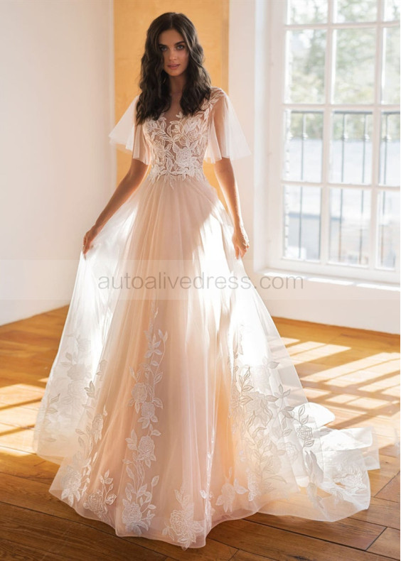 Puff Sleeve Ivory Lace Tulle Wedding Dress
